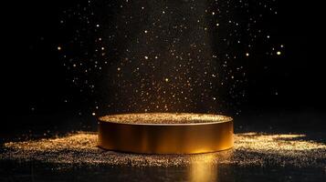This stunning 3D render of a golden podium is surrounded by sparkling particles against a modern black background, perfect for impressive presentations that will leave your audience in awe photo