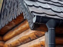 This image shows a meticulously designed gutter system for wooden roofs, crucial for managing rainwater during storms and protecting properties from potential flooding from heavy rainfall photo