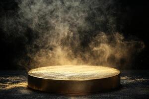 A stunning 3D render showcases a luxurious golden podium against a dark background, enhanced by mist and smoke effects, creating an impressive visual presentation that captivates viewers photo