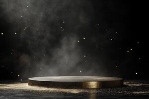 This visually striking 3D render of a golden podium on a black backdrop is perfect for showcasing awards, products, or events with style and sophistication, ideal for various presentations photo