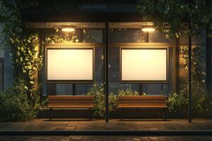 This modern bus stop features empty ad panels, comfortable benches, and lush greenery, creating an ideal spot for urban advertising and essential public information that benefits the community photo