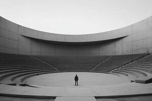 In a striking concrete amphitheater, a solitary figure stands out against a modern design featuring dramatic symmetry, intricate perspectives, and minimal beauty, creating a captivating scene photo
