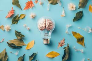 This artwork creatively represents a human brain encased within a light bulb, symbolizing innovative thinking and the continuous generation of new ideas, accompanied by elements found in nature photo