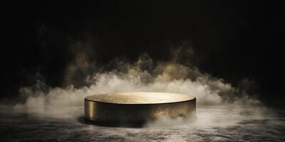 This captivating 3D render features a shiny gold podium surrounded by swirling smoke on a mysterious black background, ideal for showcasing awards or exclusive products in a luxurious setting photo