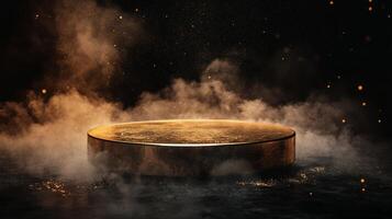 A breathtaking 3D render brings to life a magnificent golden podium, elegantly surrounded by swirling mist, which serves to enhance its luxurious appearance against a dark and enigmatic backdrop photo