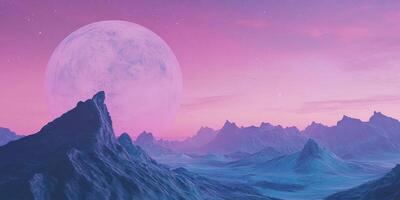 Imagine a dreamy cosmic landscape with majestic mountains under a glowing pastel moon. Rich purple and tranquil blue blend to create an enchanting night sky that captivates the imagination photo