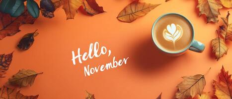 On a bright orange surface adorned with colorful autumn leaves, a cozy and inviting cup of warm coffee beautifully symbolizes the joyful spirit of November along with the delightful fall season photo