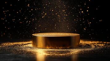 This stunning 3D render of a gold podium, enhanced by sparkling particles against a black background, is ideal for showcasing awards, promoting products, or presenting visuals in an eyecatching way photo