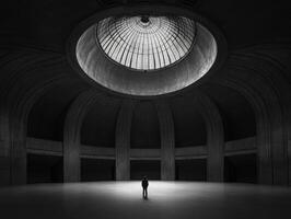 A solitary figure stands alone in an expansive circular auditorium, uniquely illuminated by bright light streaming from a grand skylight above, showcasing an impressive modern architectural marvel photo