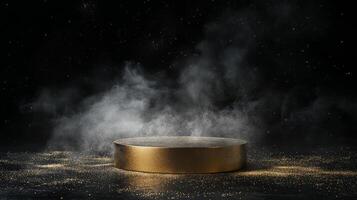 This is a stunning and beautifully crafted 3D render of an elegant gold podium, set against a dark and sophisticated background, making it ideal for stylish presentations or captivating showcases photo