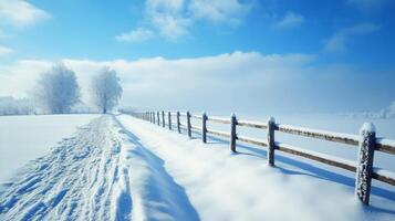 A truly picturesque winter scene unfolds before your eyes, featuring a beautifully snowcovered wooden fence that leads into an expansive, tranquil snowy field, ideal for overlaying text messages photo