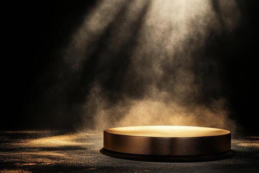 This stunning 3D render of a gleaming gold podium, illuminated against a dark backdrop, provides an elegant setting to showcase products or awards, creating a striking visual impact photo