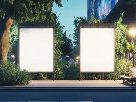 A peaceful urban bus stop that features two empty advertisement panels, which are surrounded by lush greenery, creating an ideal setting for displaying promotional materials effectively photo