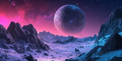 Explore a stunning cosmic landscape with majestic mountains, a glowing moon, and vibrant colors, capturing the essence of a dreamy, enchanting night sky in the vastness of outer space photo