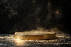 An opulent gold podium, surrounded by fine dust, contrasts sharply with a dark backdrop, making it ideal for showcasing products or prestigious awards during professional presentations photo