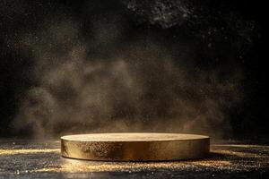 A stunning 3D render that showcases a gold podium elegantly set against a rich, dark backdrop, making it an ideal visual for presentations, product showcases, or even prestigious award ceremonies photo
