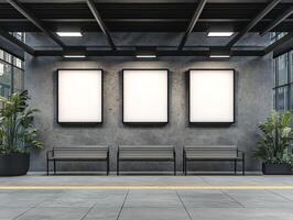 This modern bus stop showcases three vacant advertisement panels, comfortable benches, and lush greenery, making it the perfect location for marketing campaigns and essential commuter information photo