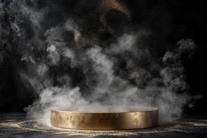 This stunning 3D render features a shiny gold podium amidst mysterious smoke on a dark background, perfect for captivating presentations and showcasing visual elements in a striking manner photo