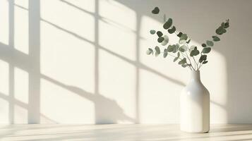 In this minimalistic setting, a pristine white vase holds eucalyptus leaves, casting shadows on a soft beige wall, creating an ideal backdrop for branding, showcasing simplicity and sophistication photo