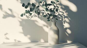 This elegant composition features a vase with lush eucalyptus branches, casting gentle shadows on a minimalist surface, embodying modern aesthetics and creating a serene atmosphere photo