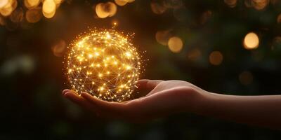 A hand grasping a glowing sphere filled with sparks, symbolizing the integration of advanced technology, evolution, and artificial intelligence as essential elements of modern life photo