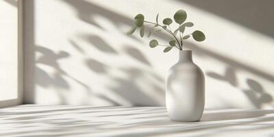 This serene composition features a white vase with elegant branches, casting soft shadows on a neutral background, embodying modern minimalism and evoking peace and tranquility in any space photo