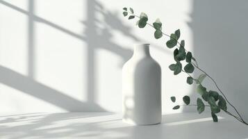 A sleek white vase enhances greenery, casting shadows on a neutral backdrop, embodying modern minimalism. This elegant arrangement is ideal for contemporary decor, balancing nature and design photo