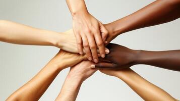 A diverse group of hands symbolizes unity in advocating for equitable healthcare access, empowering all communities to achieve better health outcomes and ensuring no one is left behind photo