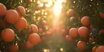 In a vibrant citrus grove, the ripe yellow grapefruit dangle enticingly from their branches, beautifully illuminated by the warm, radiant sunlight, creating a lively and inviting outdoor atmosphere photo