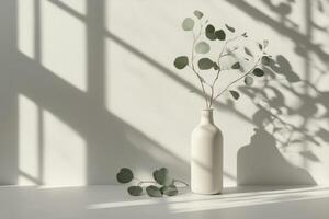 This serene setting showcases a minimalist design with a white vase of eucalyptus leaves, casting delicate shadows on a beige backdrop, ideal for branding and promoting calm in living spaces photo