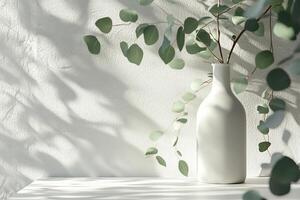 A beautiful display features a white vase filled with vibrant greenery, casting intricate shadows on a neutral background, creating elegant, eyepleasing sustainable decor that captivates the senses photo