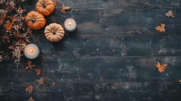 This vibrant autumn arrangement features delightful pumpkins and elegant candles, creating a warm glow perfect for celebrating Halloween with charm and style, capturing the seasons festive spirit photo