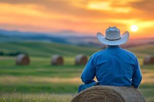 A solitary cowboy in a rugged denim jacket and widebrimmed hat sits on a hay bale, contemplating the serene rural landscape as a stunning sunset paints the sky with vibrant oranges and pinks photo