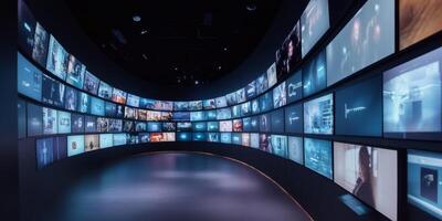 A captivating and visually stunning display of colorful images on a multimedia streaming wall, representing a wide array of diverse entertainment channels in an abstract and highly engaging format photo