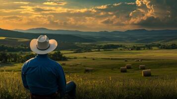 A farmer in a cowboy hat admires open fields filled with grazing cattle under a beautiful sky, showcasing the essence of rural life and the vital role of agriculture in our society photo