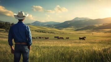 In a tranquil landscape of rolling hills, a lone cowboy in a denim jacket and widebrimmed hat watches over grazing cattle under a soft, overcast sky, creating a calm and peaceful scene photo