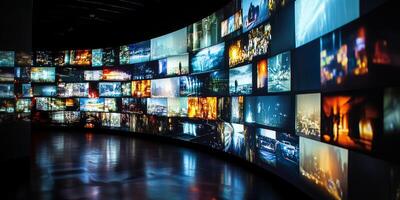 A dynamic multimedia wall that features a stunning series of colorful and vibrant images, making it an ideal choice for entertainment and technology showcasing at various events and exhibitions photo