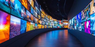 Imagine a vibrant multimedia streaming wall with captivating images that create immersive backgrounds, continuously engaging and impressing viewers with their extraordinary appeal photo