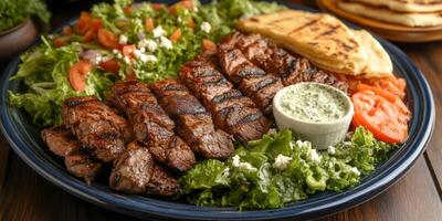 Enjoy delicious Greek lamb souvlaki with warm pita, zesty tzatziki, and a fresh garden salad. This vibrant meal is ideal for special occasions, family gatherings, or festive celebrations photo