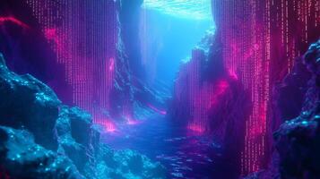 A breathtaking abstract underwater landscape that is illuminated with a multitude of vibrant neon colors photo