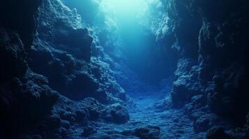 A serene and tranquil underwater cave scene beautifully illuminated by gentle and warm rays of sunlight photo