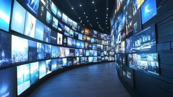 An immersive multimedia streaming wall featuring an array of colorful, vibrant channel images, creating an abstract entertainment backdrop photo