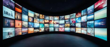 A captivating and immersive multimedia streaming wall that features a diverse array of colorful channel images designed to evoke a unique sense of excitement, engagement, and endless entertainment photo