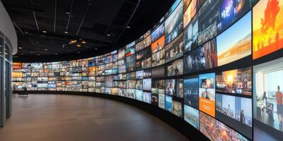 A dynamic multimedia streaming wall that brilliantly showcases a variety of colorful channel images, significantly enhancing entertainment experiences to exciting new heights and dimensions photo