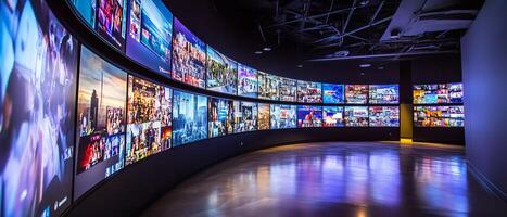 A dynamic multimedia wall that beautifully showcases colorful and vibrant channel images, perfectly designed to create an engaging and immersive entertainment experience for all viewers to enjoy photo