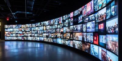 Experience a vibrant multimedia wall that showcases colorful channel images, creating an immersive entertainment experience with dynamic visuals, perfect for any modern exhibition space photo