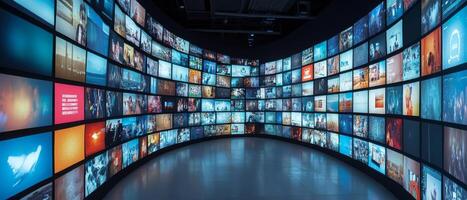 A captivating multimedia streaming wall that showcases an array of colorful and vivid channel images, meticulously designed to create immersive entertainment experiences for viewers everywhere photo