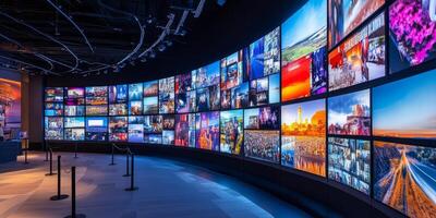 A multimedia streaming wall displays vibrant channel images, creating a mesmerizing backdrop that enchants viewers and enhances their entertainment experience and media engagement photo