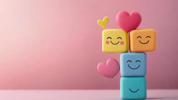 A bright and cheerful display of stacked blocks featuring joyful faces, colorful hearts, and an array of vibrant colors, representing positive emotions, mental wellness, and overall happiness photo