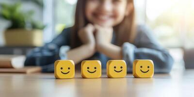 This image highlights the importance of mental health through a joyful child playing with colorful smiley face cubes, representing the happiness found in carefree activities that enrich childhood photo